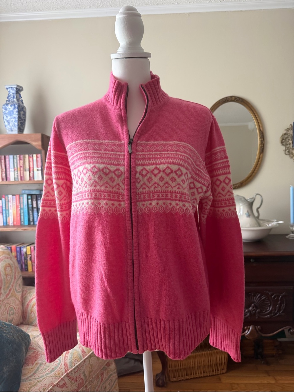 Van Heusen Women’s Pink Zip-Front Fair Isle Sweater Jacket